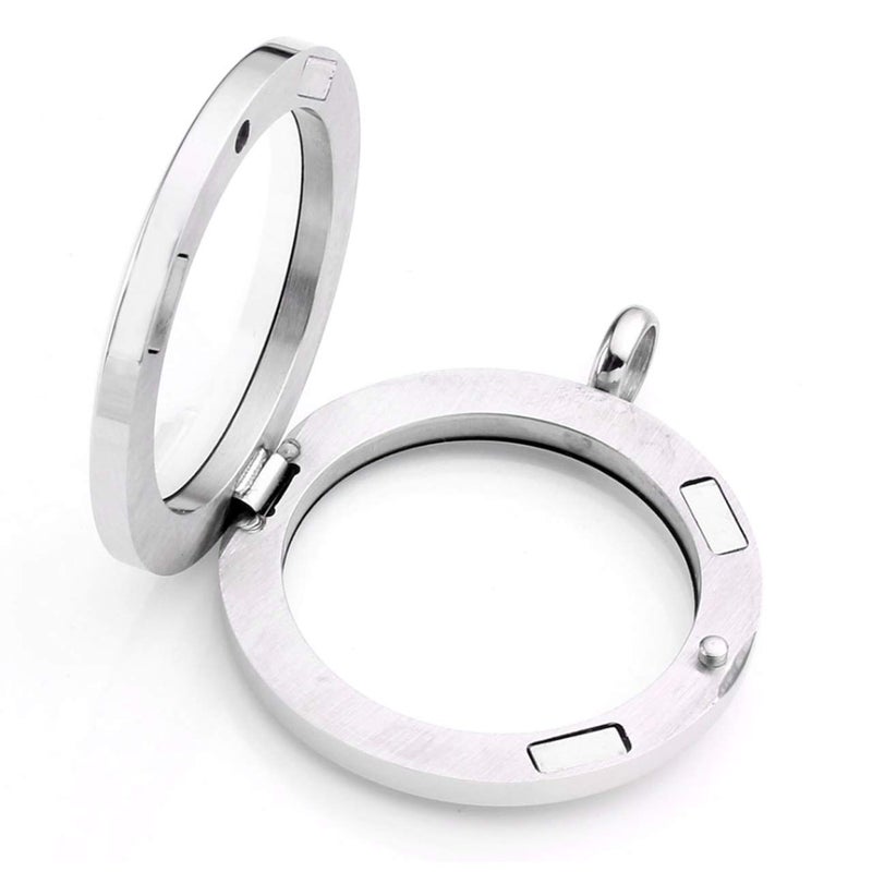 Zysta Silver Round Locket Pendant Necklace 30mm Glossy Stainless Steel Clear Glass Living Memory Floating Charms Stone Storage - Image 5